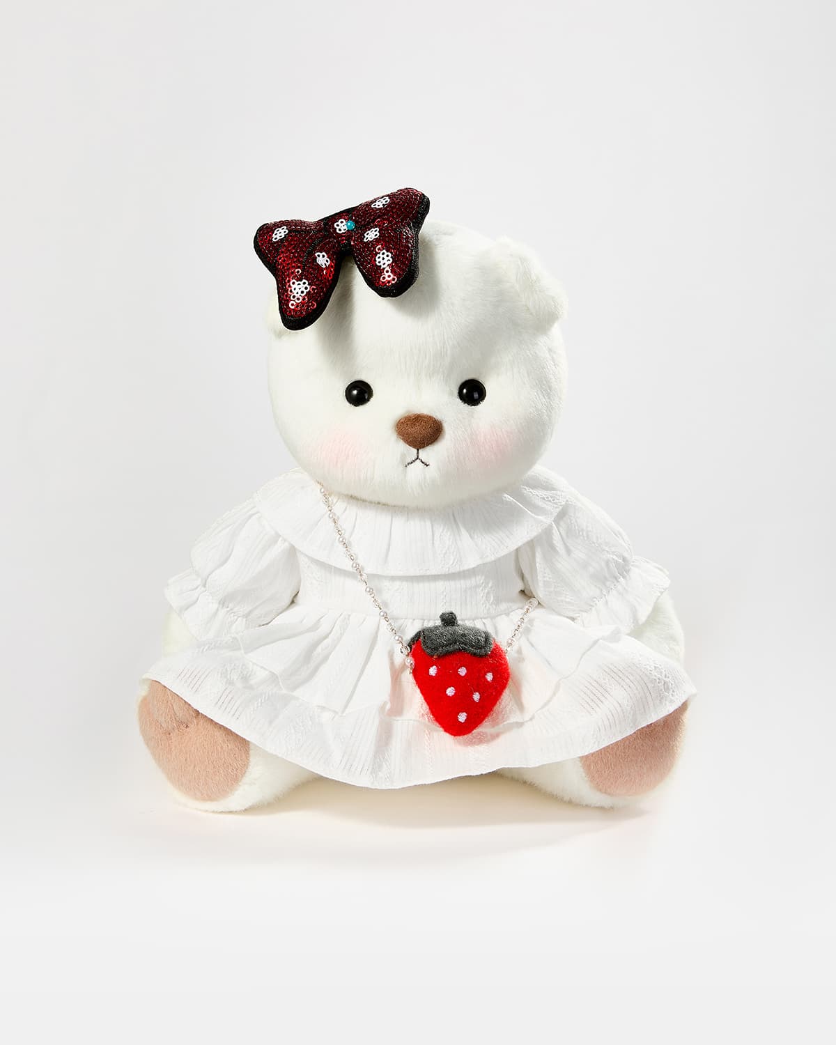 White Short Hair Bear & Strawberry Shoulder Bag White Dress - 12 Inches
