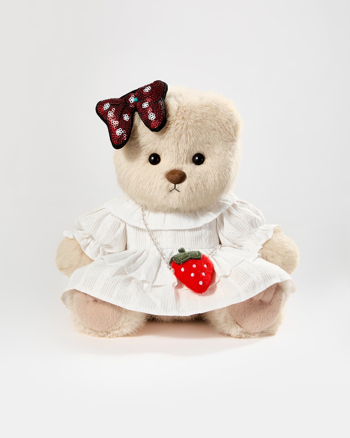 Milk Tea Long Hair Bear & Strawberry Shoulder Bag White Dress - 12 Inches