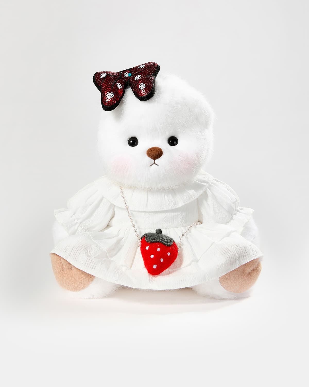 White Long Hair Bear & Strawberry Shoulder Bag White Dress - 12 Inches