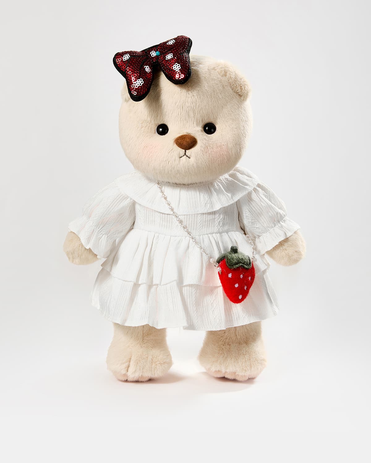 Teddy Bear & Strawberry Shoulder Bag White Dress - 12 Inches