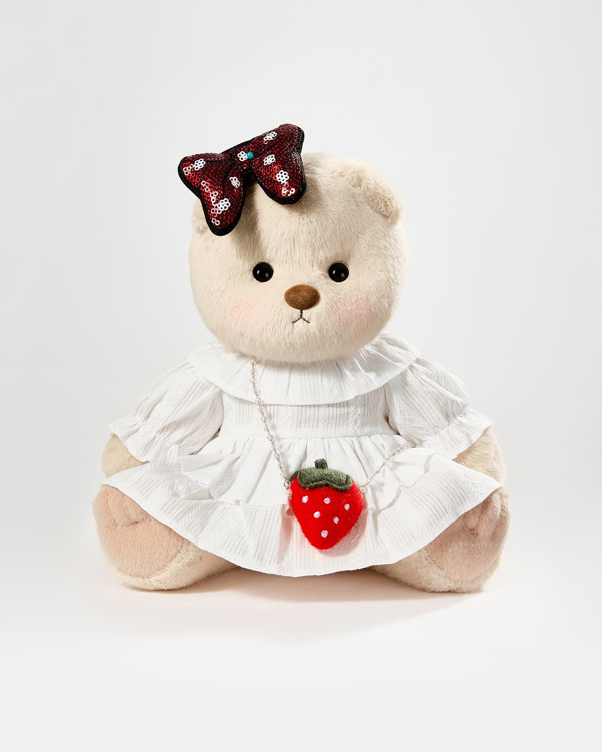 Teddy Bear & Strawberry Shoulder Bag White Dress - 12 Inches