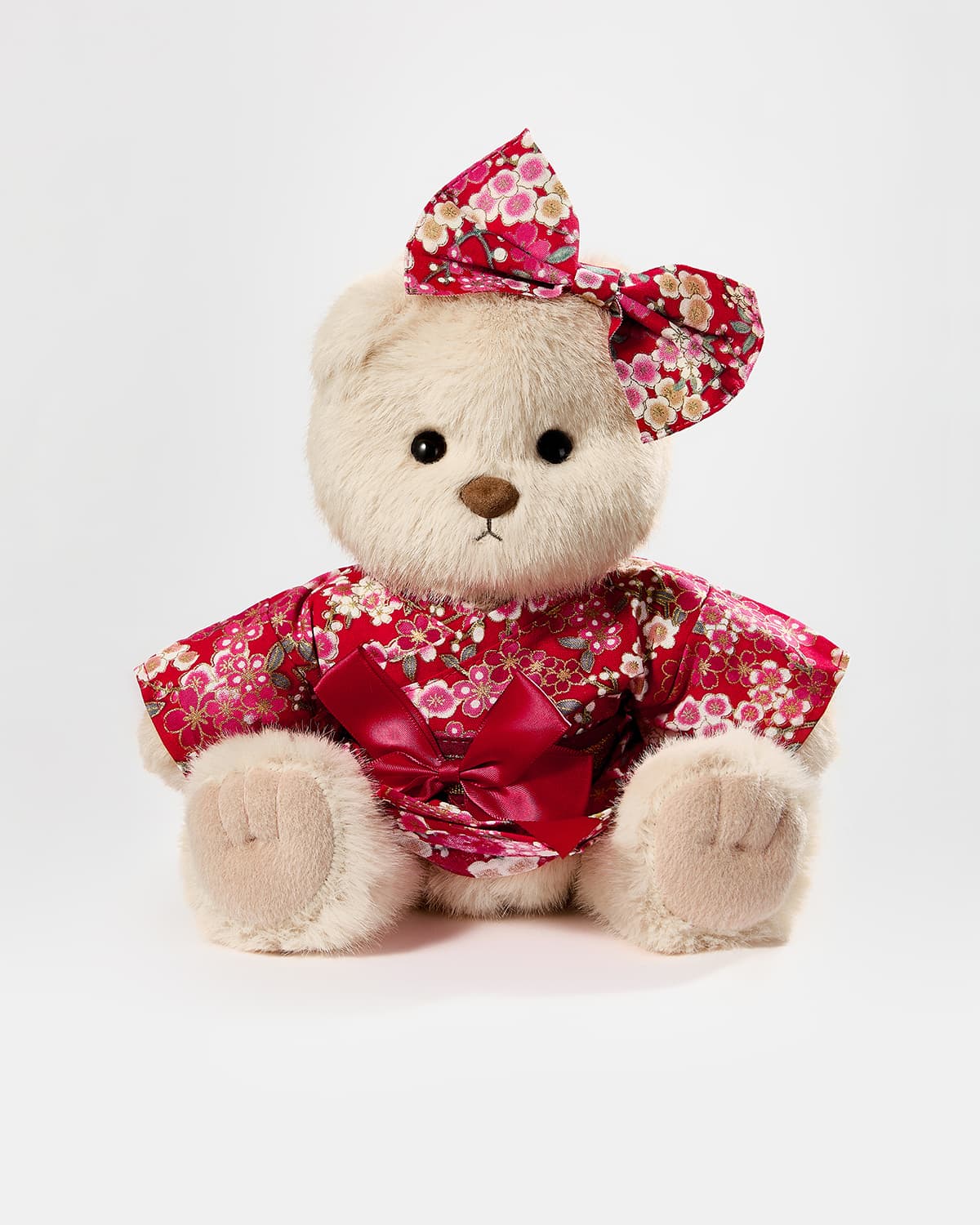 Milk Tea Long Hair Bear & Red Kimono Dress- 12 Inches