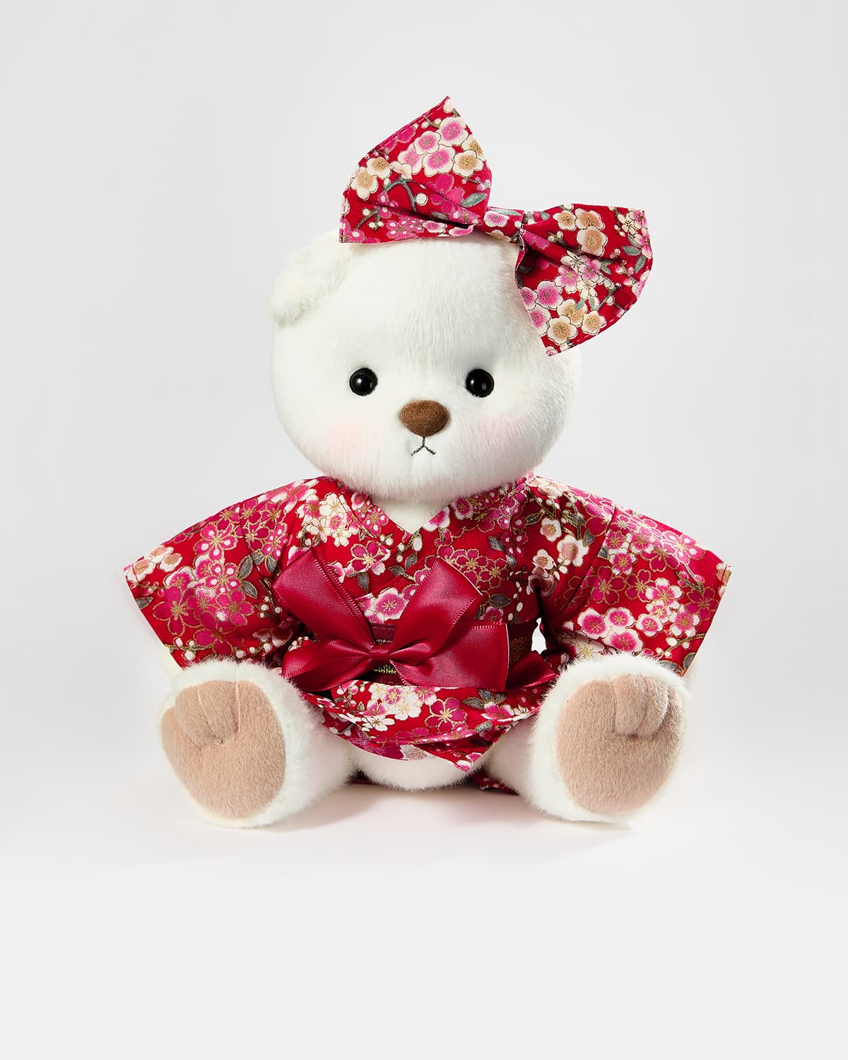 White Short Hair Bear & Red Kimono Dress- 12 Inches