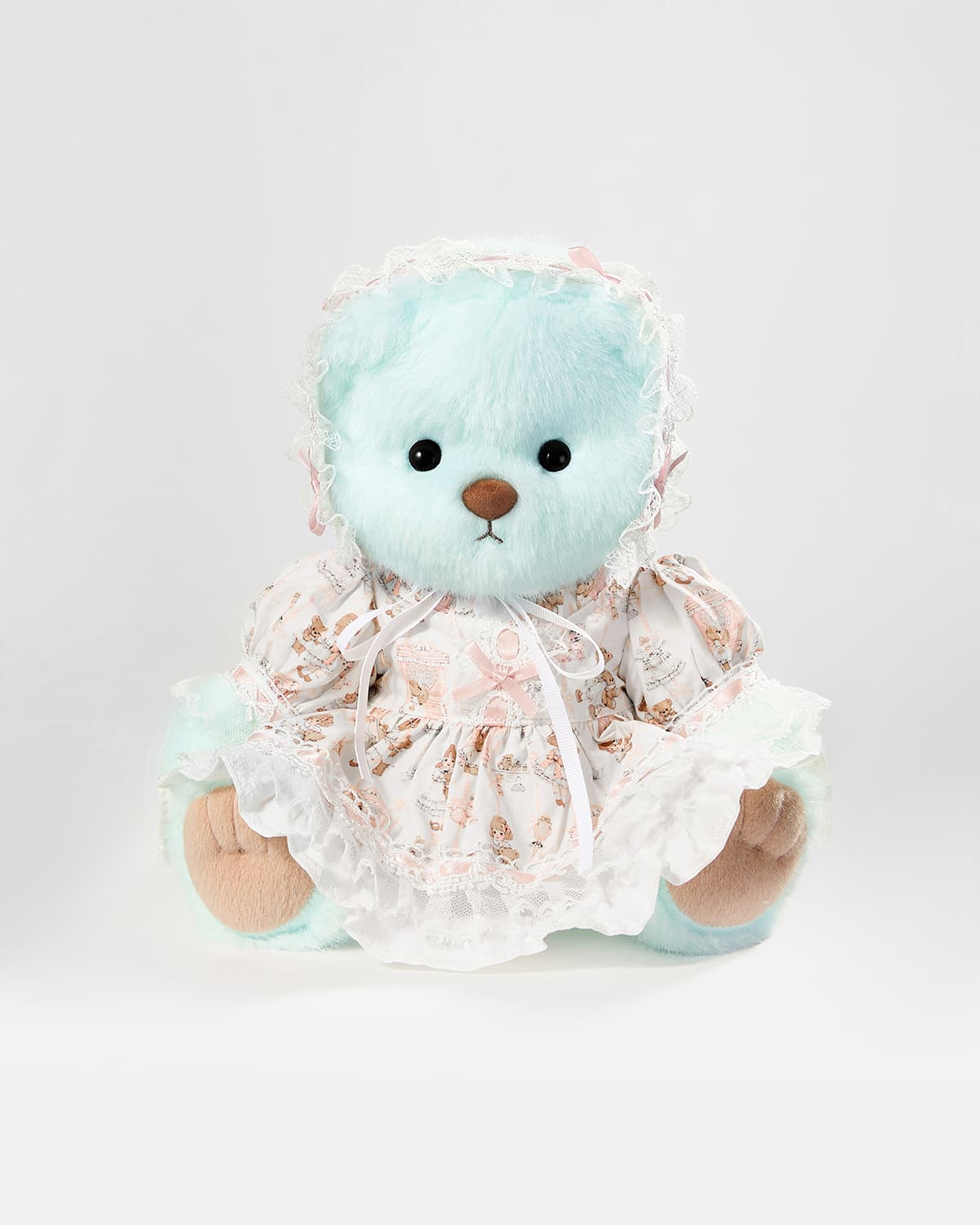 Mint Blue Long Hair Bear & Pink Lace Lolita Dress - 12 Inches