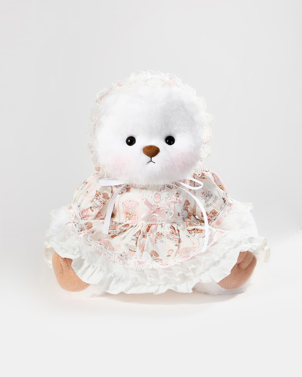 White Short Hair Bear & Pink Lace Lolita Dress - 12 Inches