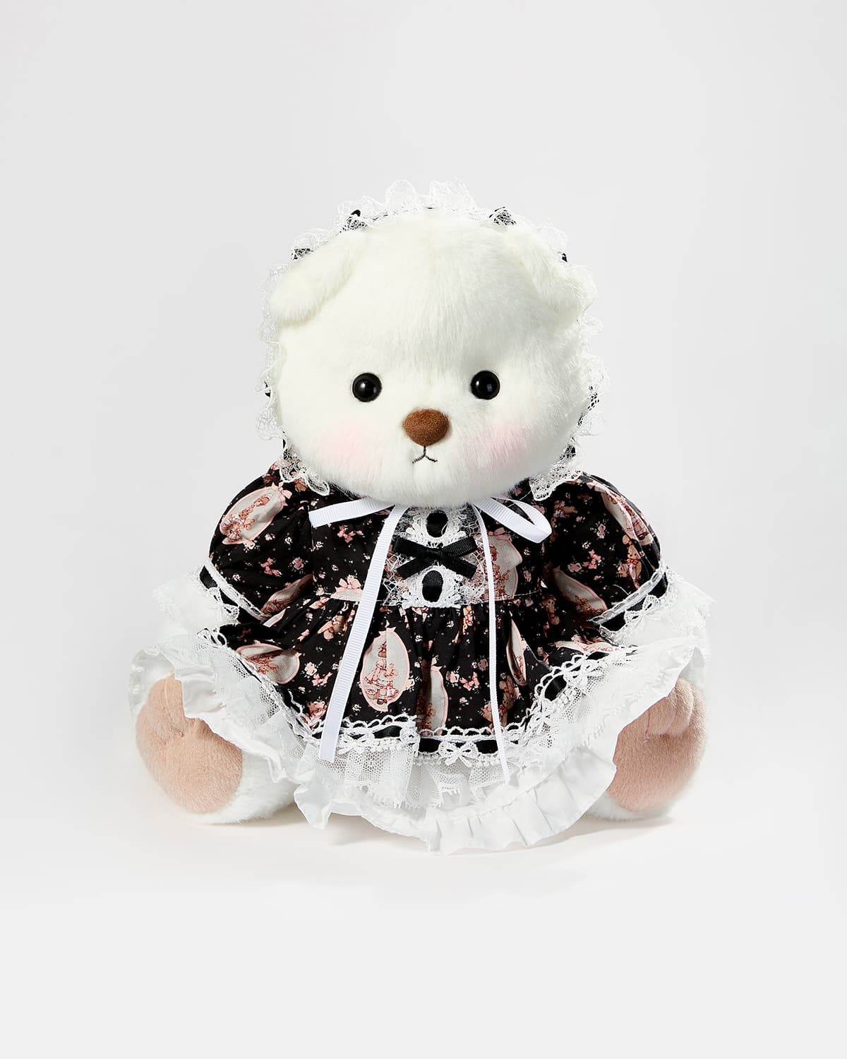 White Short Hair Bear & Black Lace Lolita Dress - 12 Inches