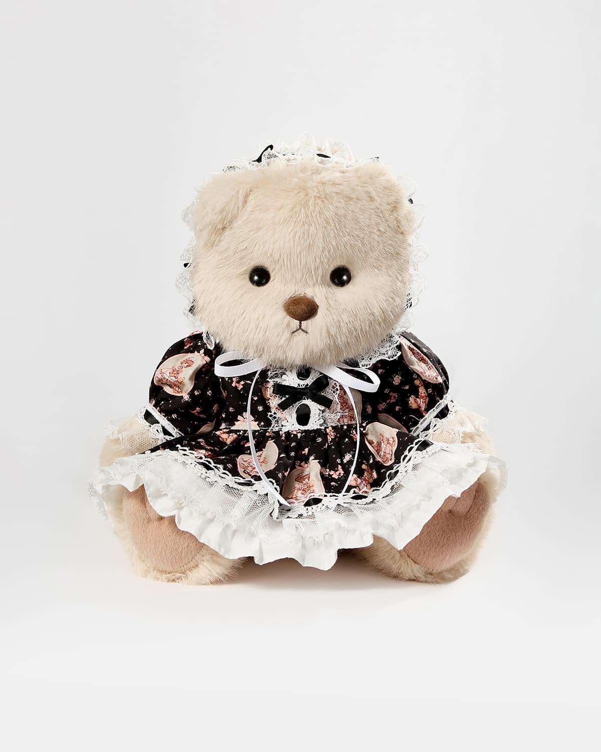 Milk Tea Long Hair Bear & Black Lace Lolita Dress - 12 Inches