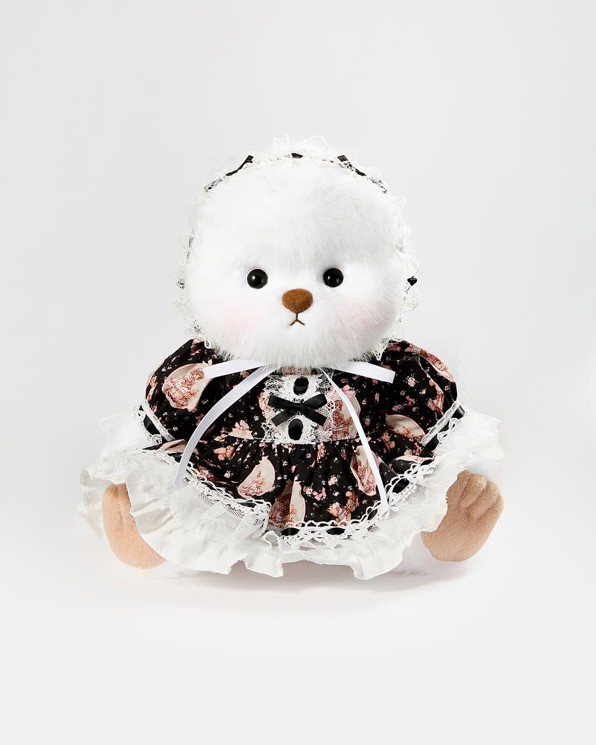 White Long Hair Bear & Black Lace Lolita Dress - 12 Inches