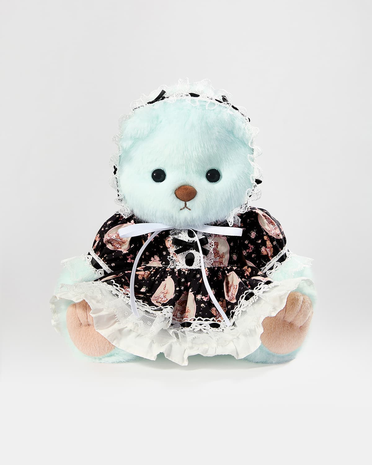 Mint Blue Long Hair Bear & Black Lace Lolita Dress - 12 Inches