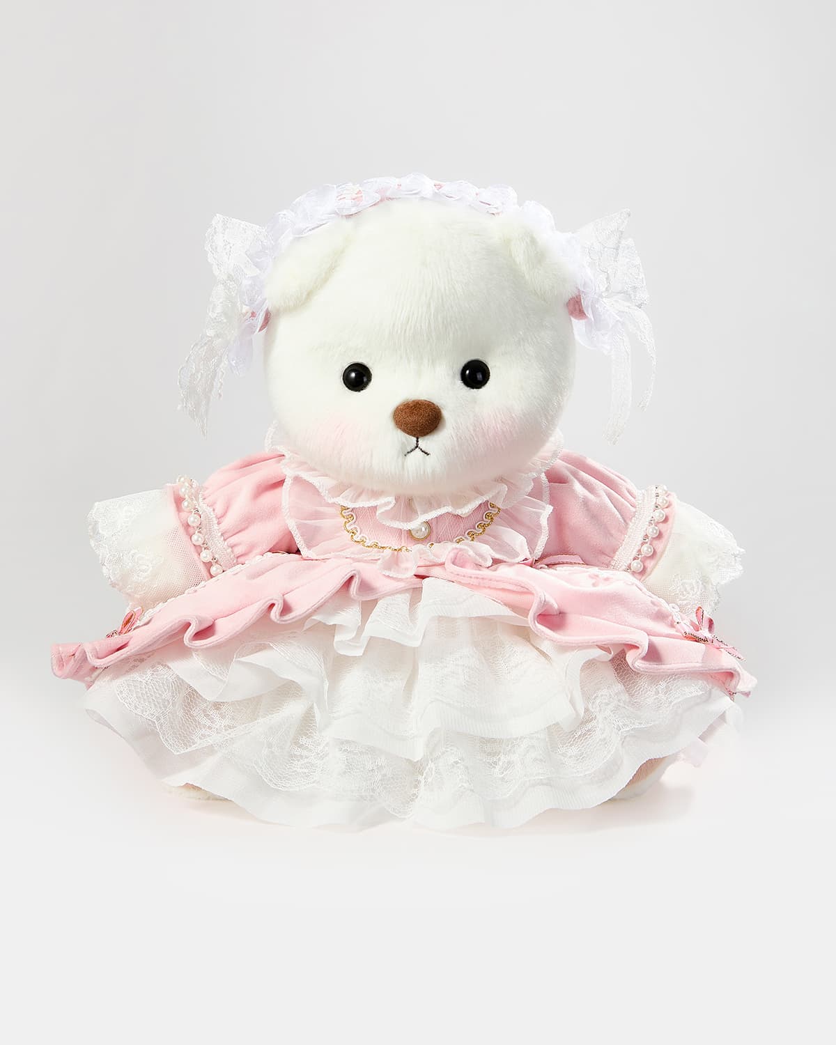 White Short Hair Bear & Gorgeous Pink Lace Dress - 12 Inches