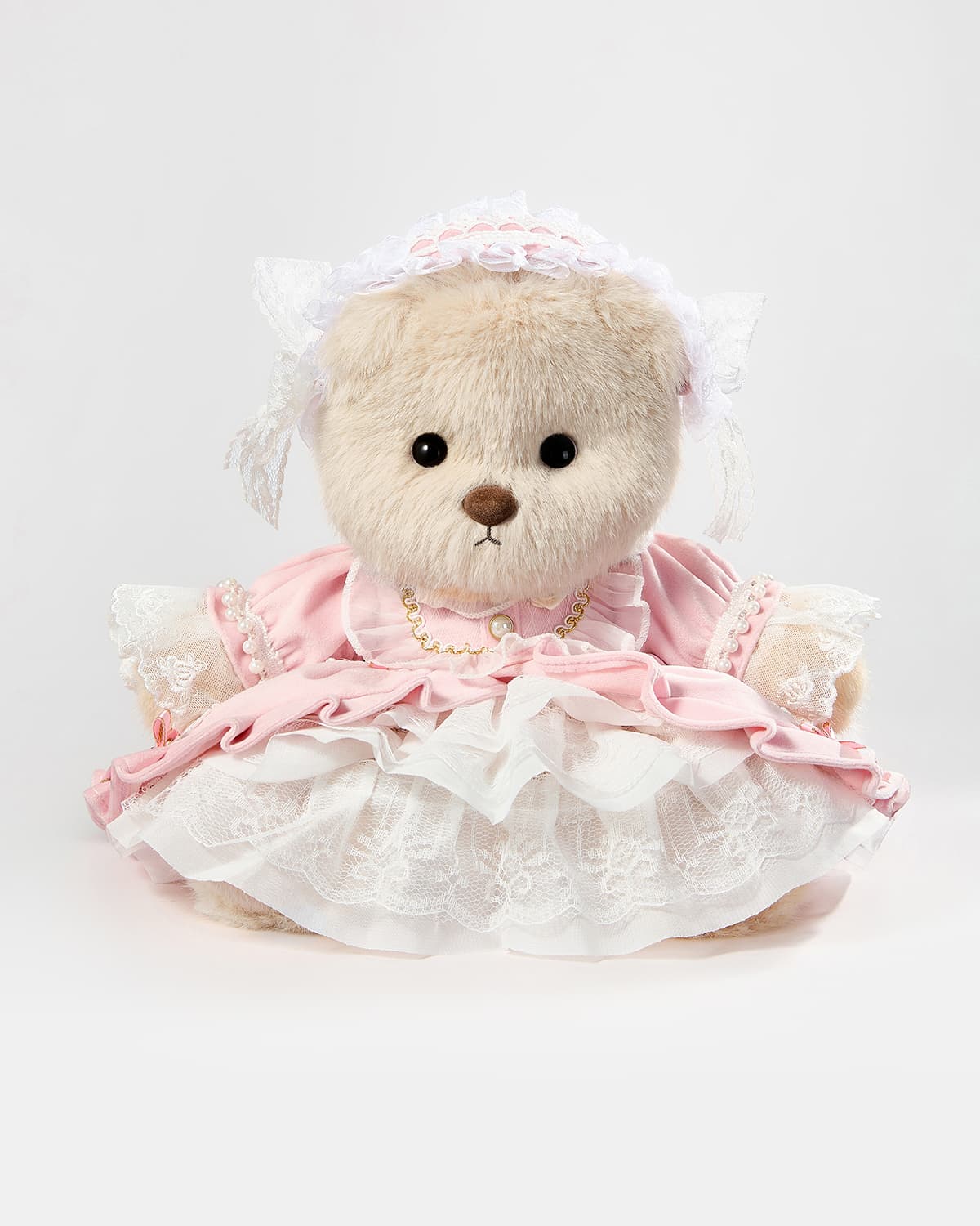 Milk Tea Long Hair Bear & Gorgeous Pink Lace Dress - 12 Inches