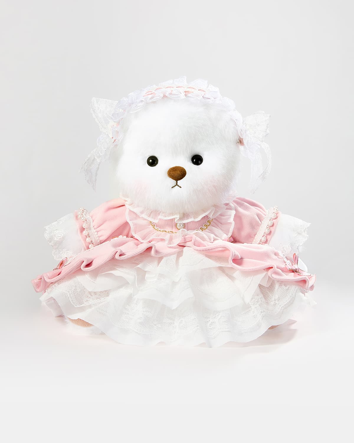 White Long Hair Bear & Gorgeous Pink Lace Dress - 12 Inches