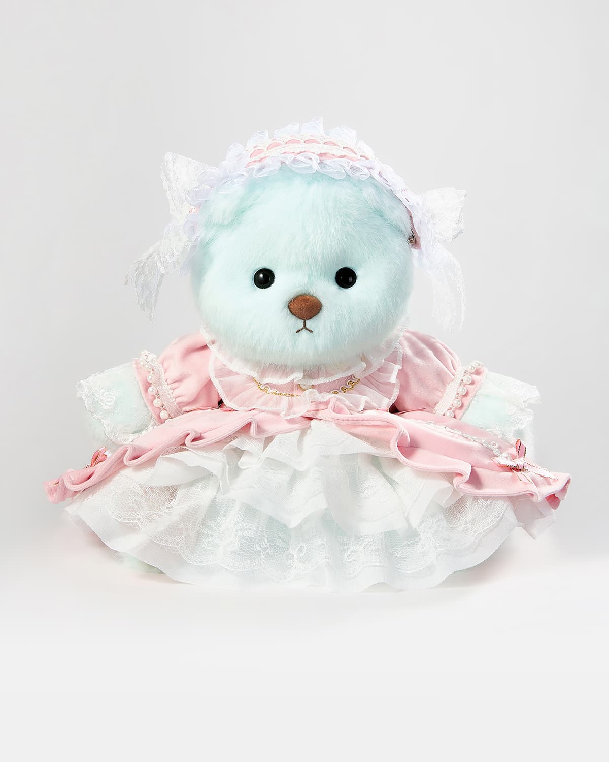 Mint Blue Long Hair Bear & Gorgeous Pink Lace Dress - 12 Inches