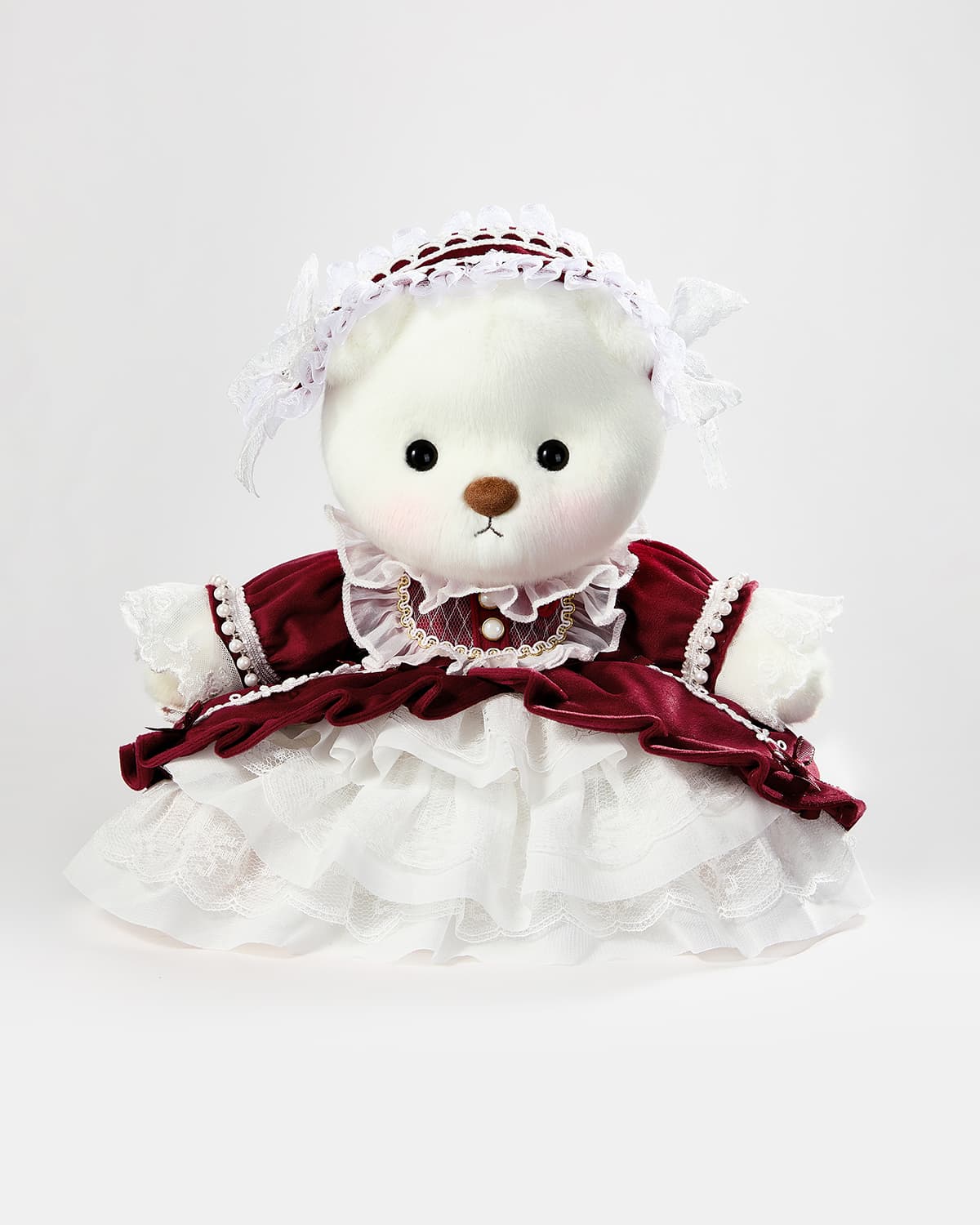 White Short Hair Bear & Gorgeous Red Lace Dress - 12 Inches