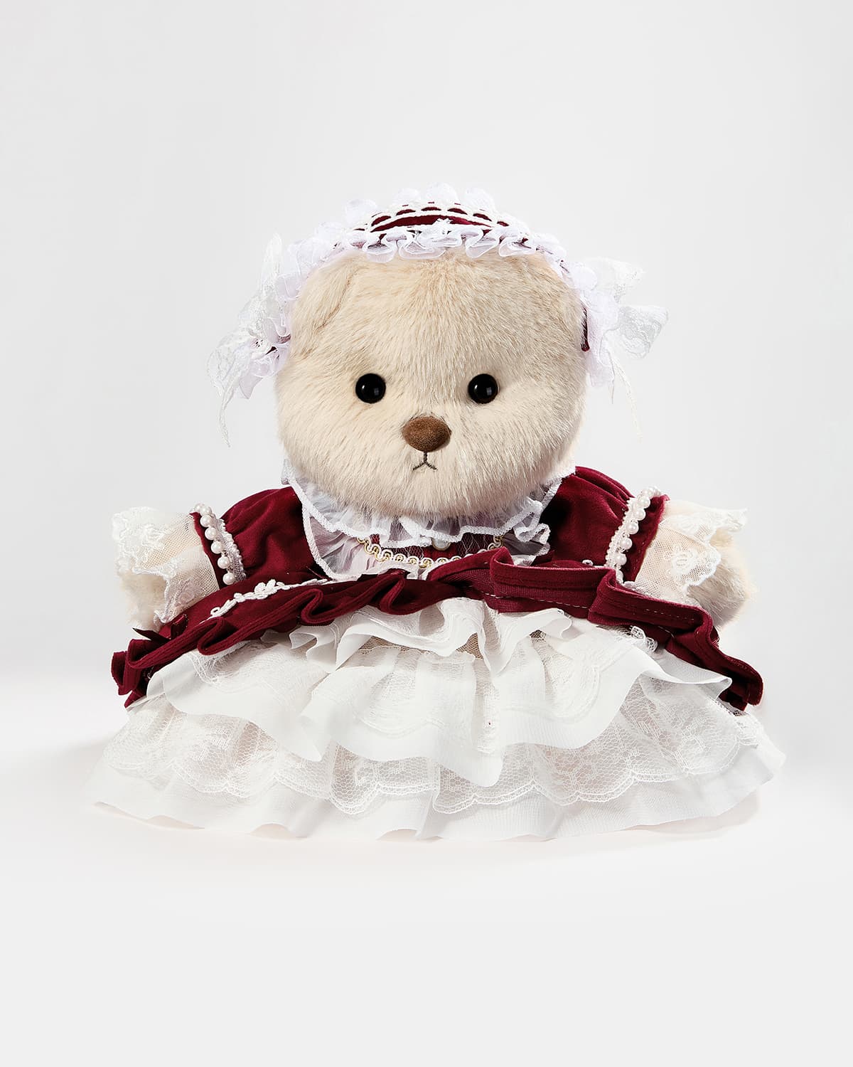 Milk Tea Long Hair Bear & Gorgeous Red Lace Dress - 12 Inches