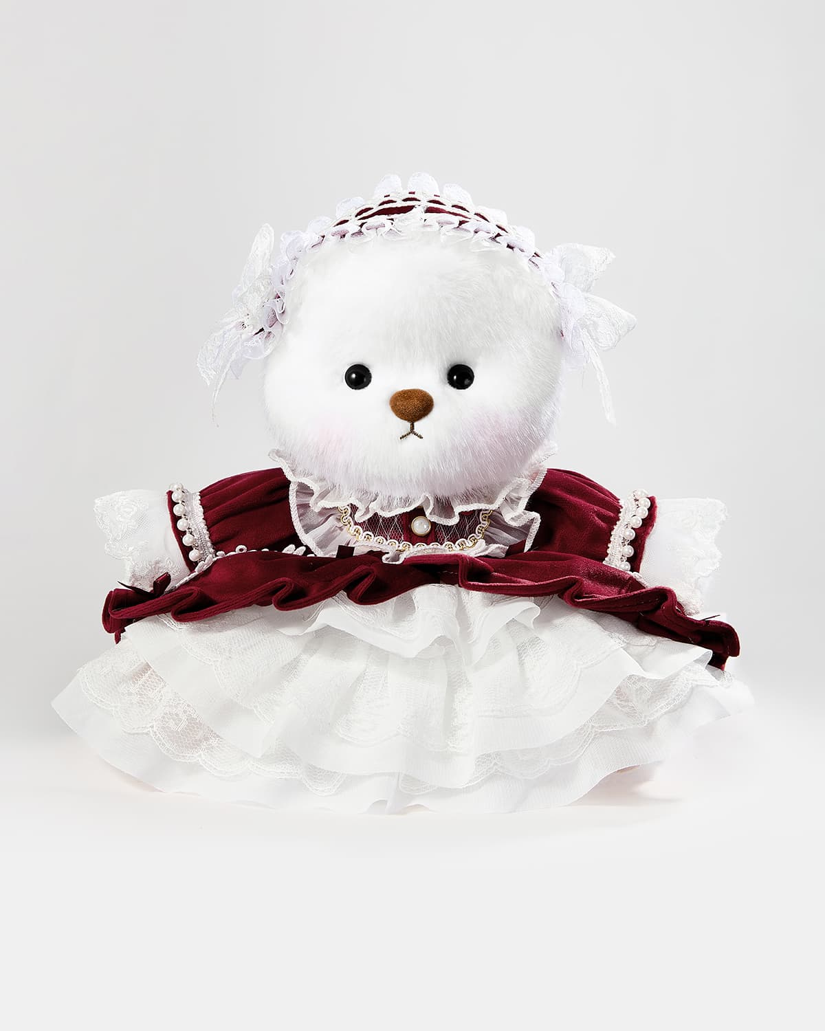White Long Hair Bear & Gorgeous Red Lace Dress - 12 Inches