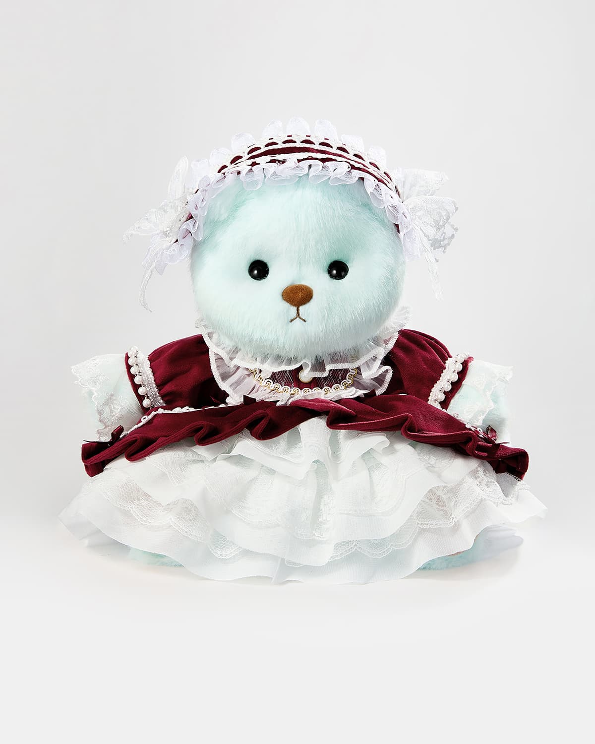 Mint Blue Long Hair Bear & Gorgeous Red Lace Dress - 12 Inches