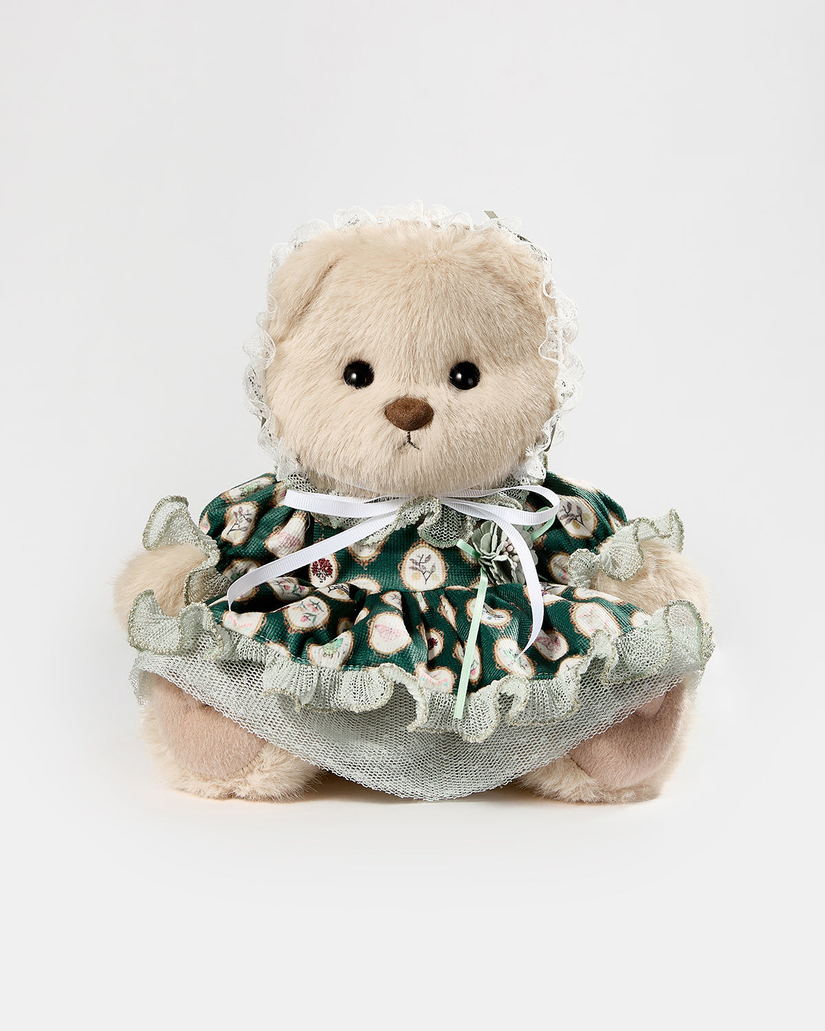 Milk Tea Long Hair Bear & Green Sissy Lace Dress - 12 Inches
