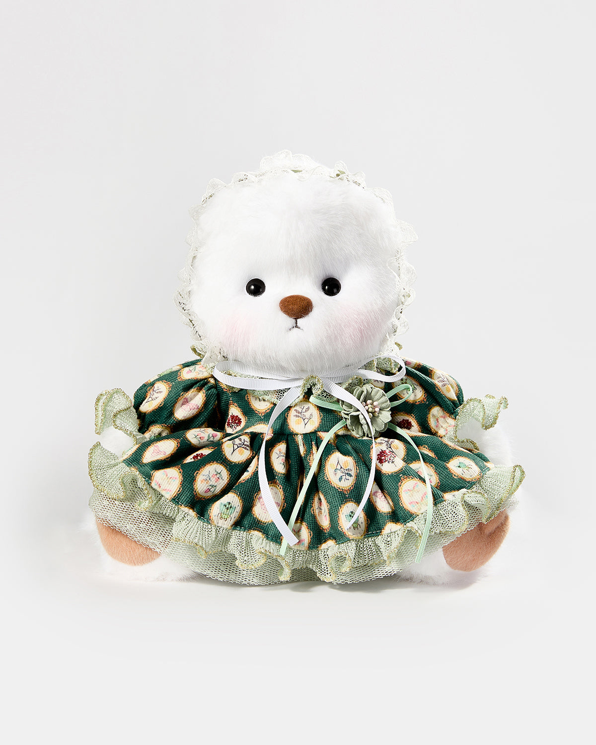 White Long Hair Bear & Green Sissy Lace Dress - 12 Inches