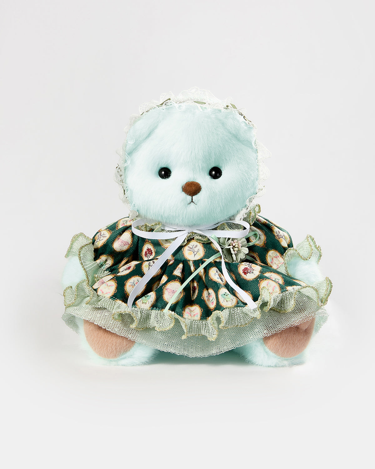 Mint Blue Long Hair Bear & Green Sissy Lace Dress - 12 Inches