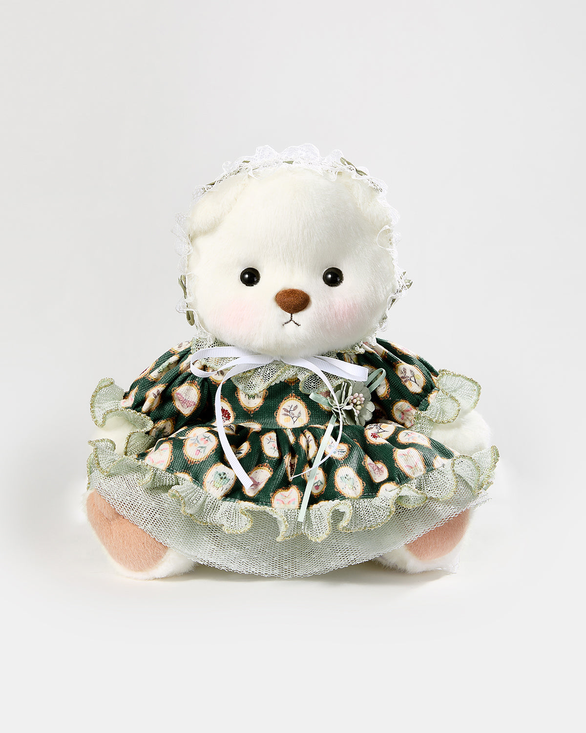 White Short Hair Bear & Green Sissy Lace Dress - 12 Inches