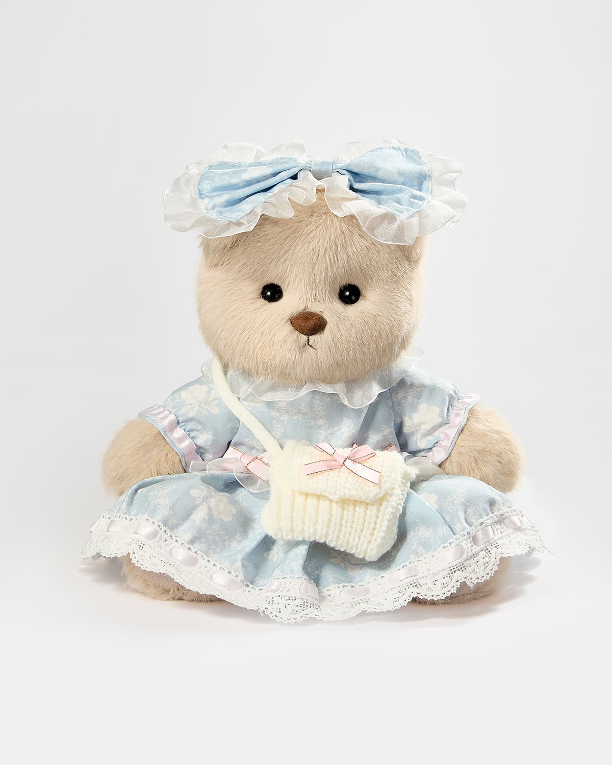 Milk Tea Long Hair Bear & Blue Jacquard Rose Dress - 12 Inches