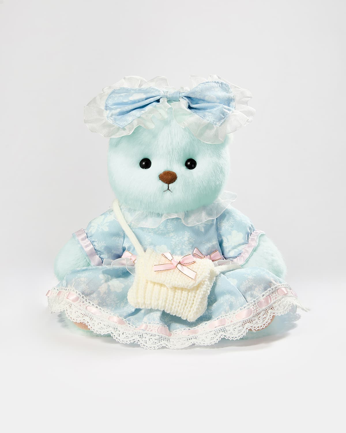 Mint Blue Long Hair Bear & Blue Jacquard Rose Dress - 12 Inches