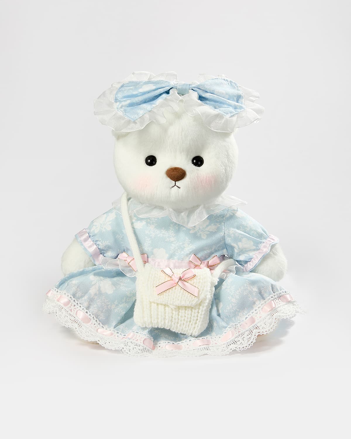 White Short Hair Bear & Blue Jacquard Rose Dress - 12 Inches