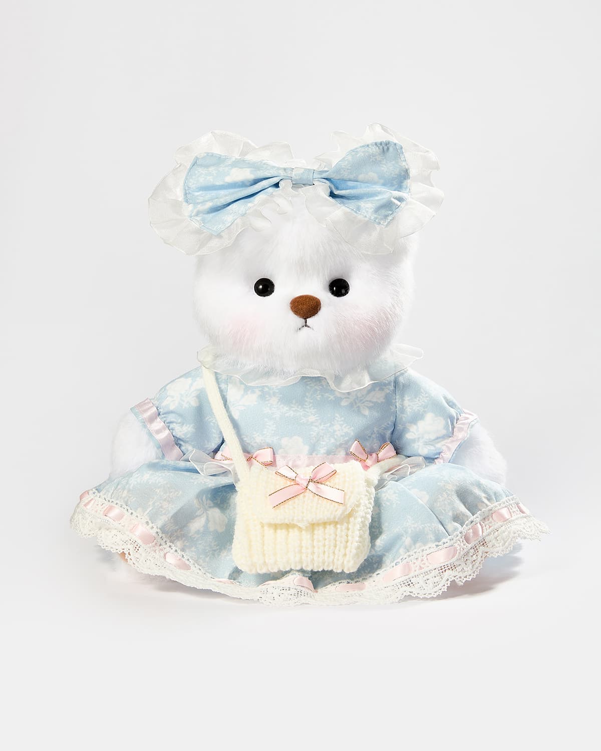 White Long Hair Bear & Blue Jacquard Rose Dress - 12 Inches