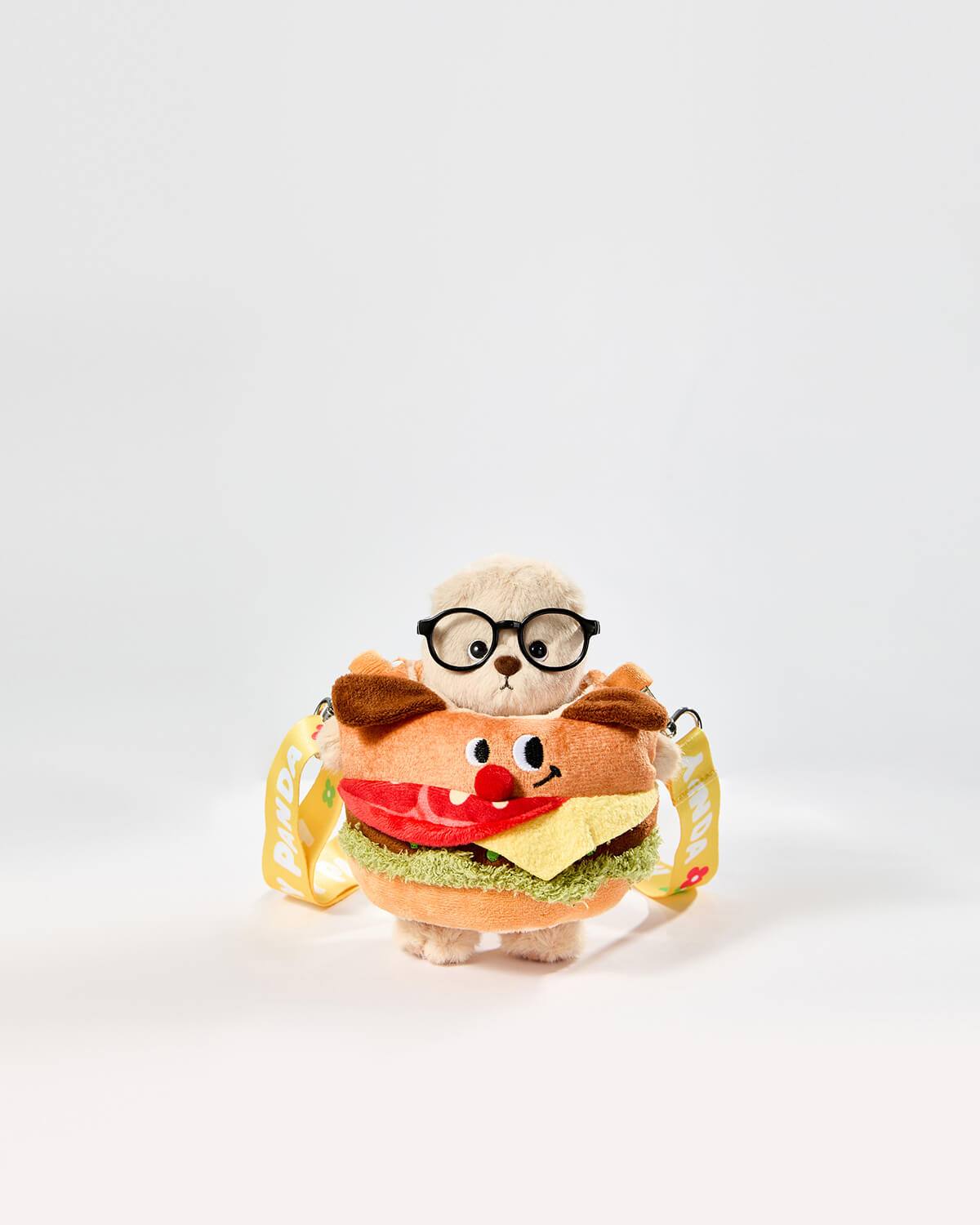 Milk Tea Short Hair Bear & Hamburger Bag With Strap - 6 Inches