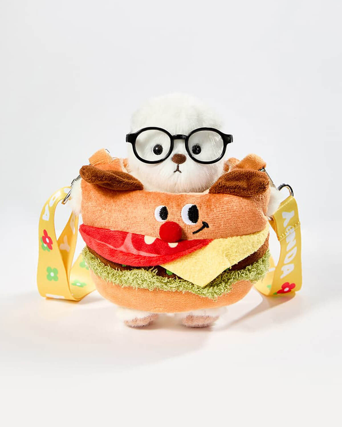 White Short Hair Bear & Hamburger Bag With Strap - 6 Inches