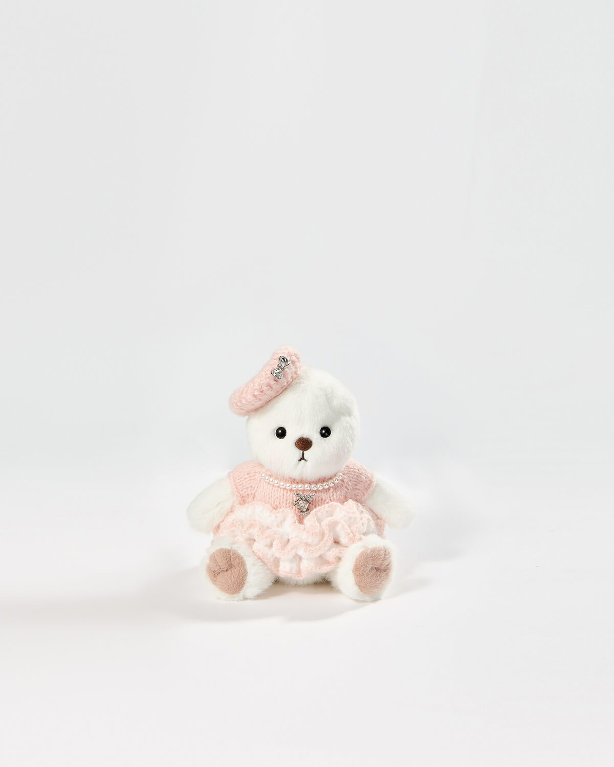 White Short Hair Bear & Pink Knit Cake Dress - 6 Inches
