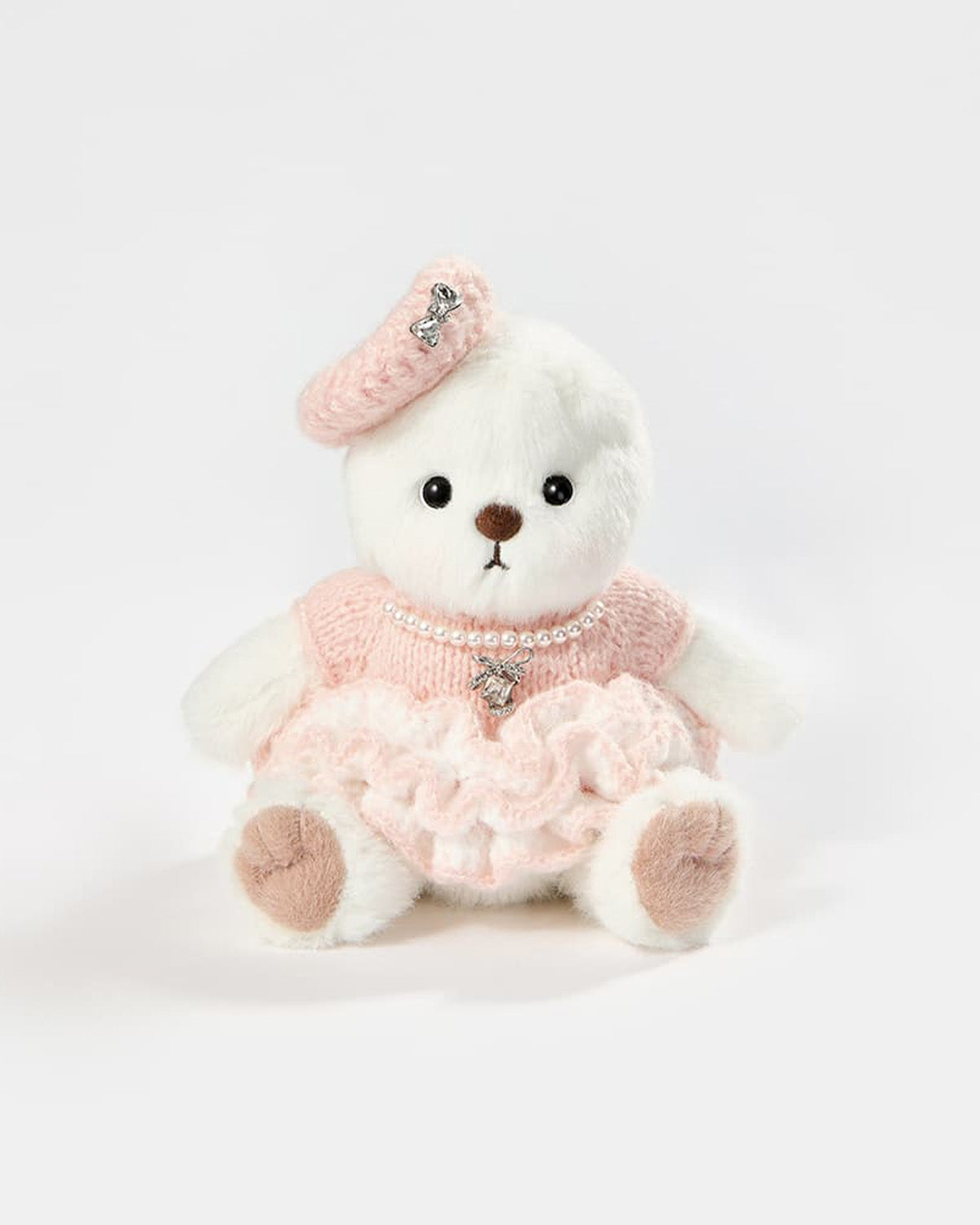 White Short Hair Bear & Pink Knit Cake Dress - 6 Inches