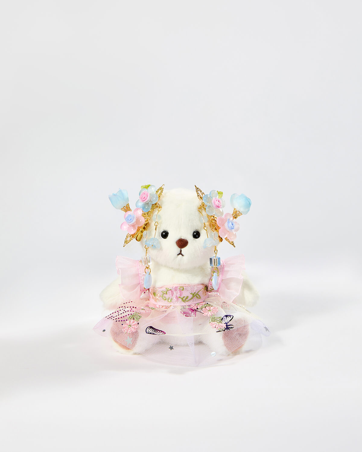 White Short Hair Bear & Butterfly Dream Flower Hanfu - 6 Inches