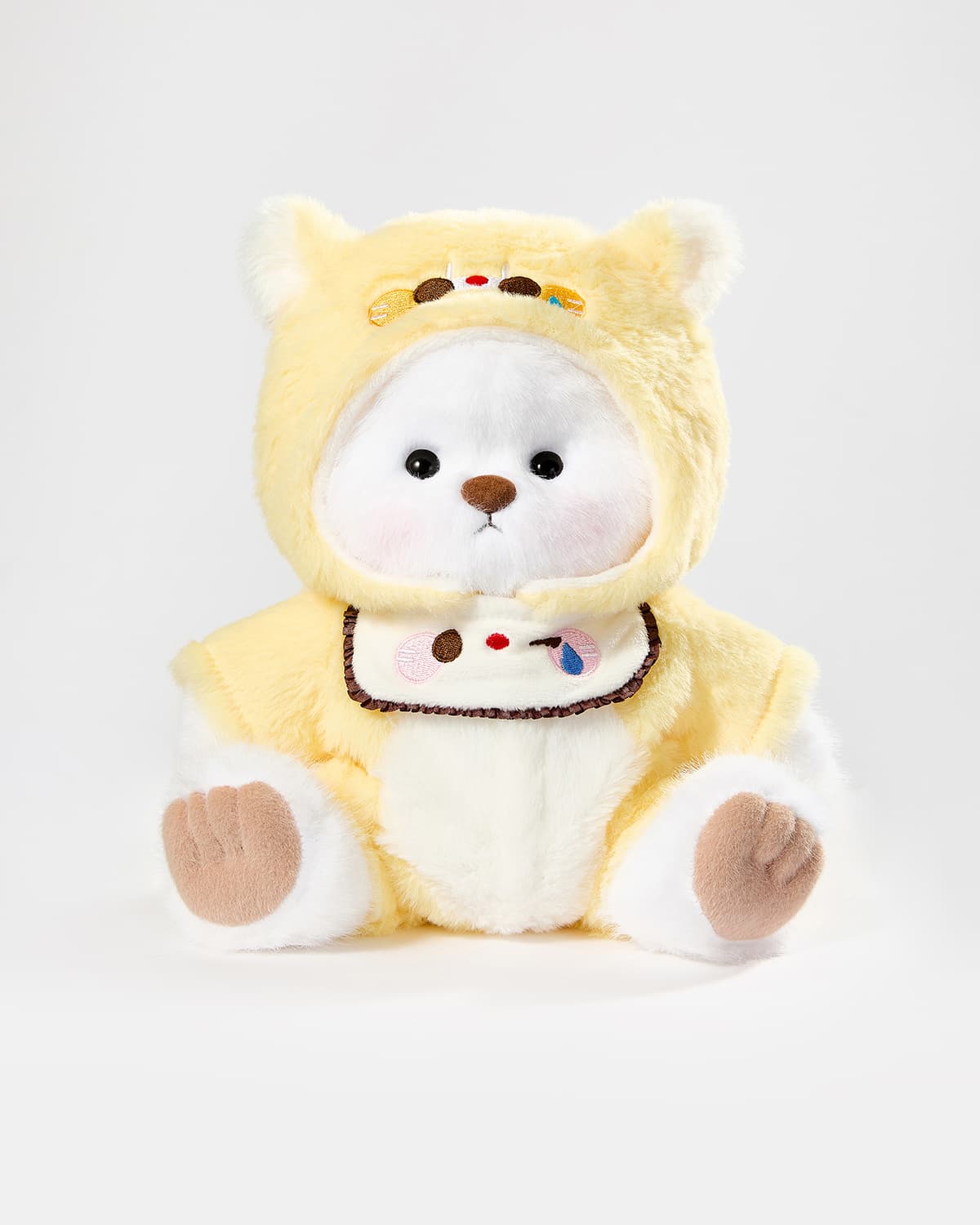 White Long Hair Bear & Yellow Puppy Jumpsuit - 12 Inches