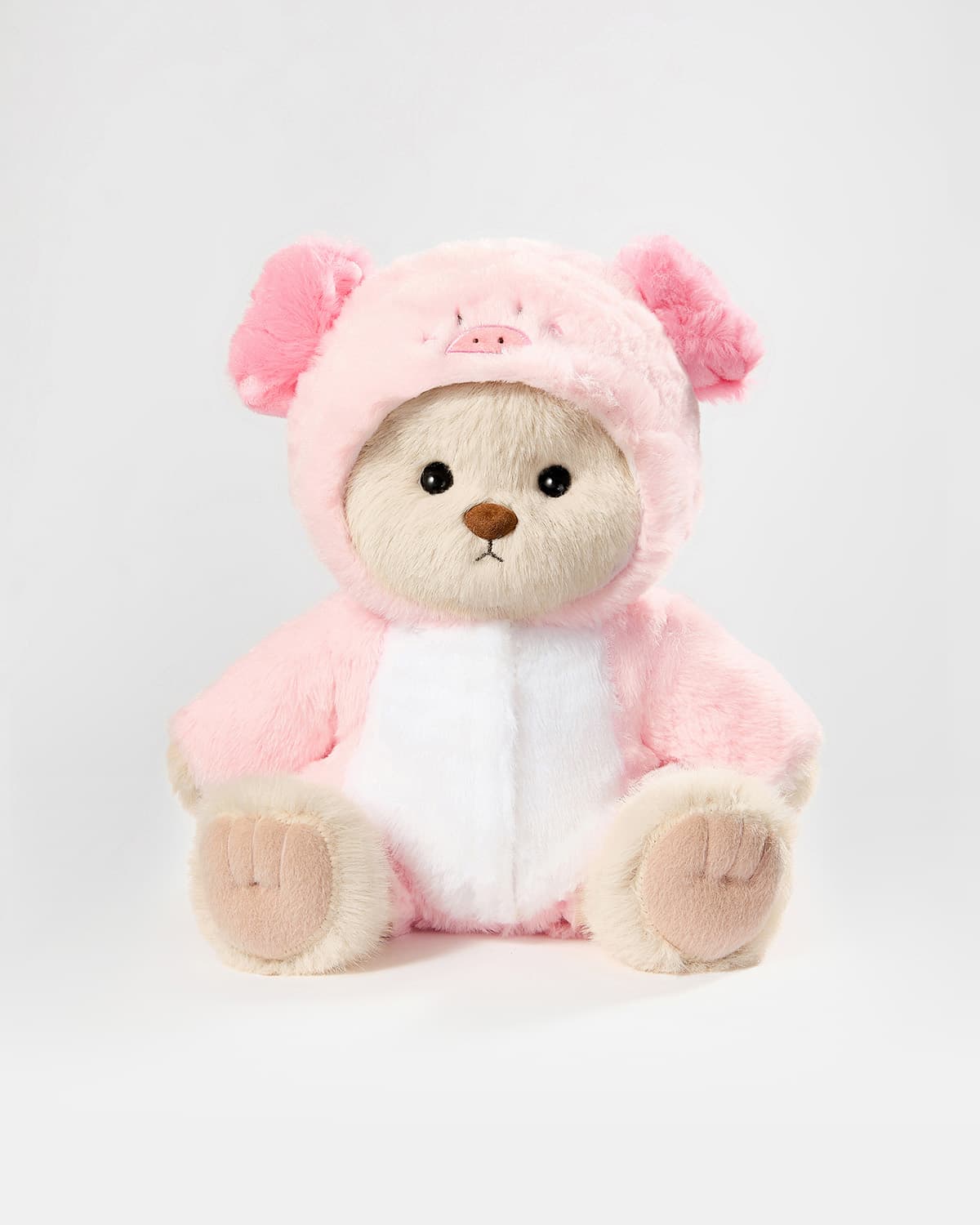 Milk Tea Long Hair Bear & Pink Piggy Jumpsuit - 12 Inches