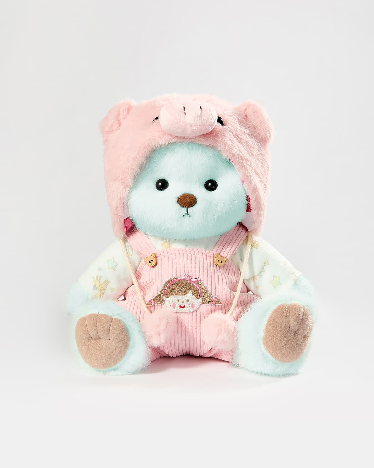 Mint Blue Long Hair Bear & Pink Piggy Suspenders Set - 12 Inches