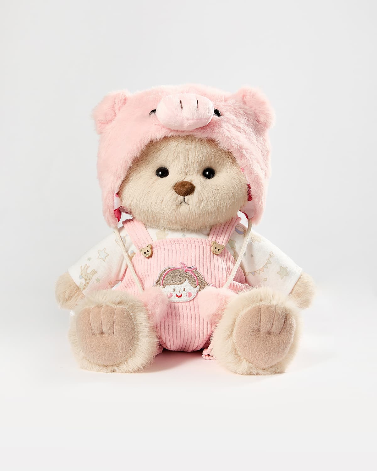Milk Tea Long Hair Bear & Pink Piggy Suspenders Set - 12 Inches