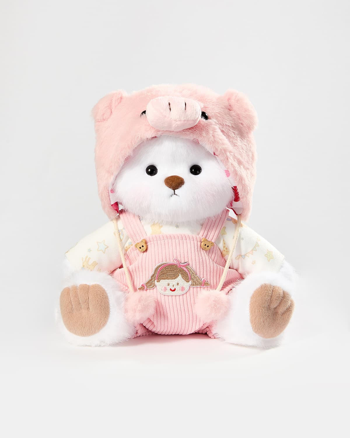 White Long Hair Bear & Pink Piggy Suspenders Set - 12 Inches