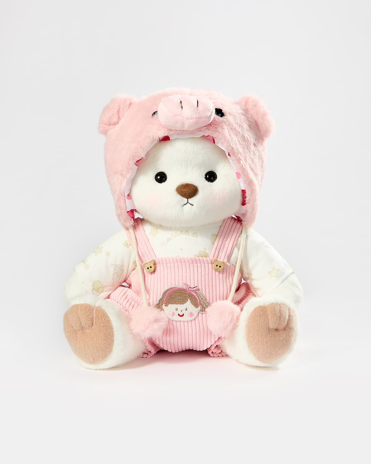 White Short Hair Bear & Pink Piggy Suspenders Set - 12 Inches