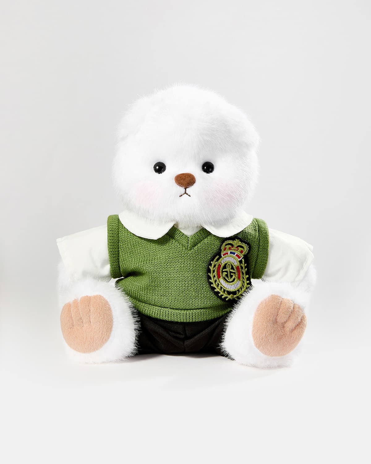 White Long Hair Bear & Green Vest Uniform Set -12 Inches