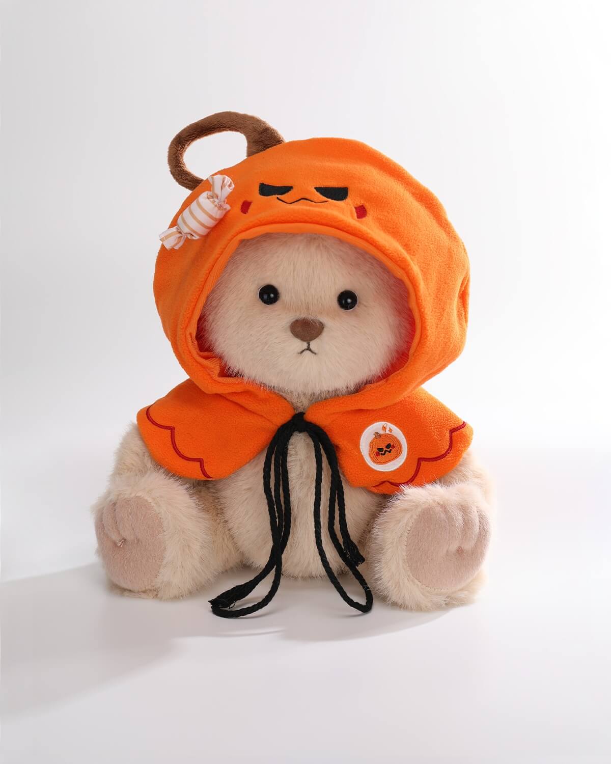 Milk Tea Long Hair Bear & Halloween Pumpkin Hoo Hoo Cape - 12 Inches