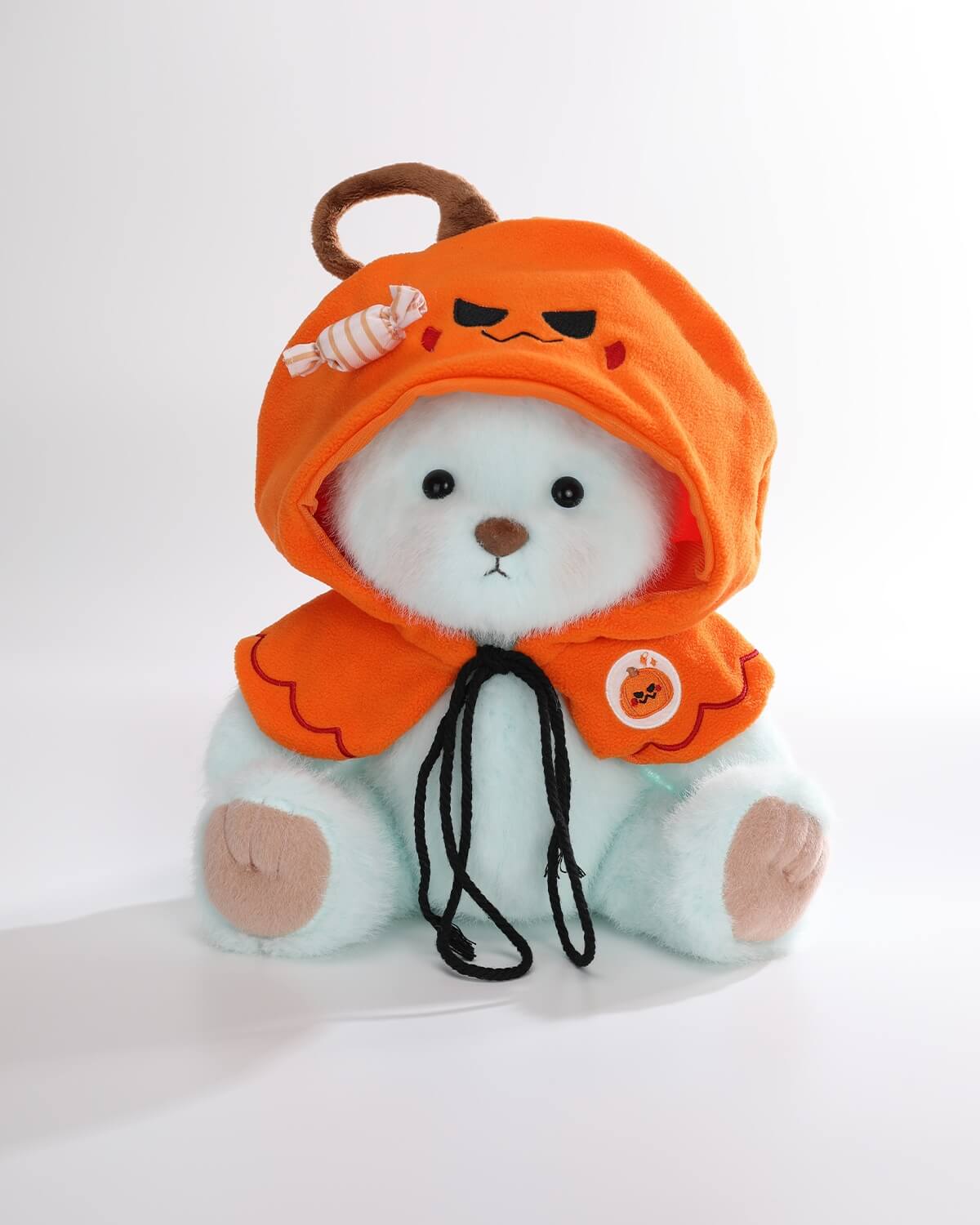 Mint Blue Long Hair Bear & Halloween Pumpkin Hoo Hoo Cape - 12 Inches