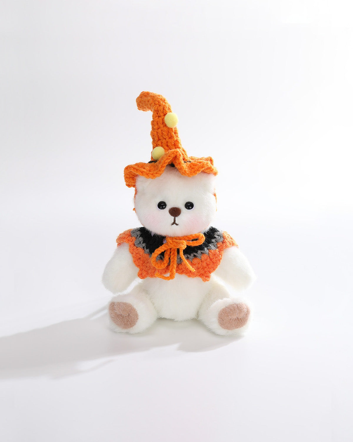 White Short Hair Bear & Halloween Ball Cap With Orange Cape - 6 Inches