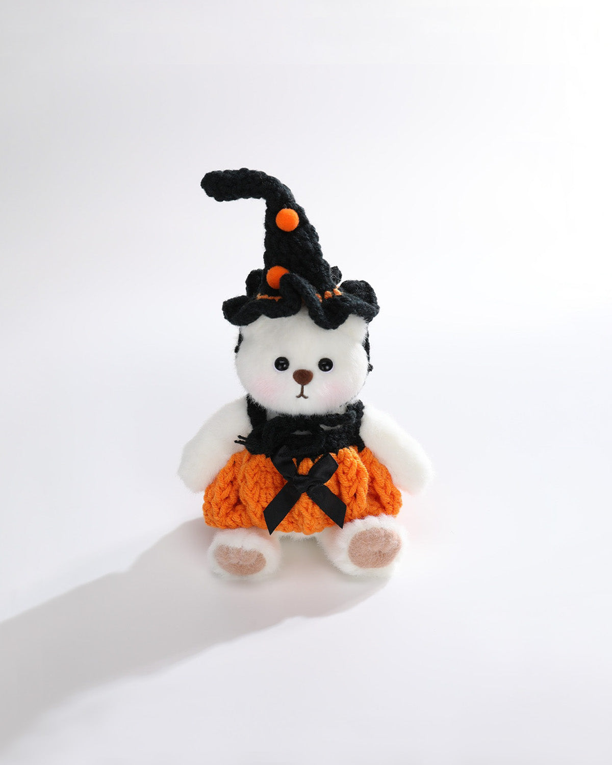 White Short Hair Bear & Halloween Black Wizard Hat With Pumpkin Lantern Skirt - 6 Inches