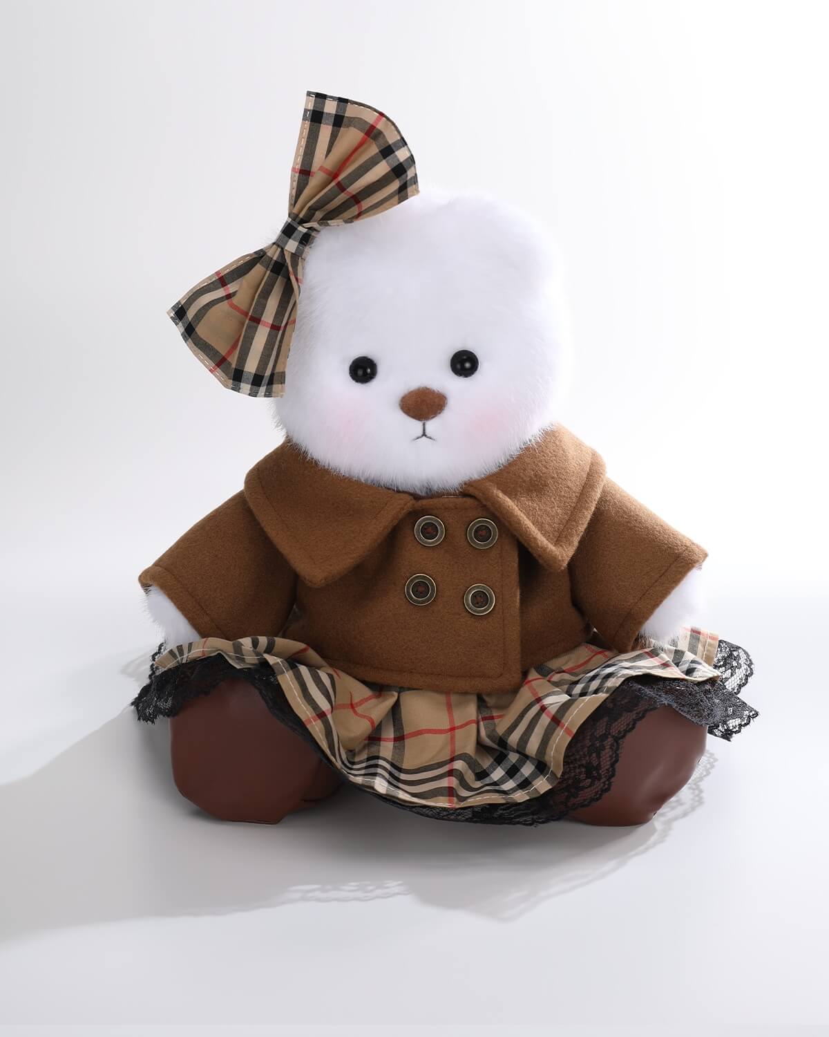 White Long Hair Bear & Vintage Brown Coat Set - 12 Inches