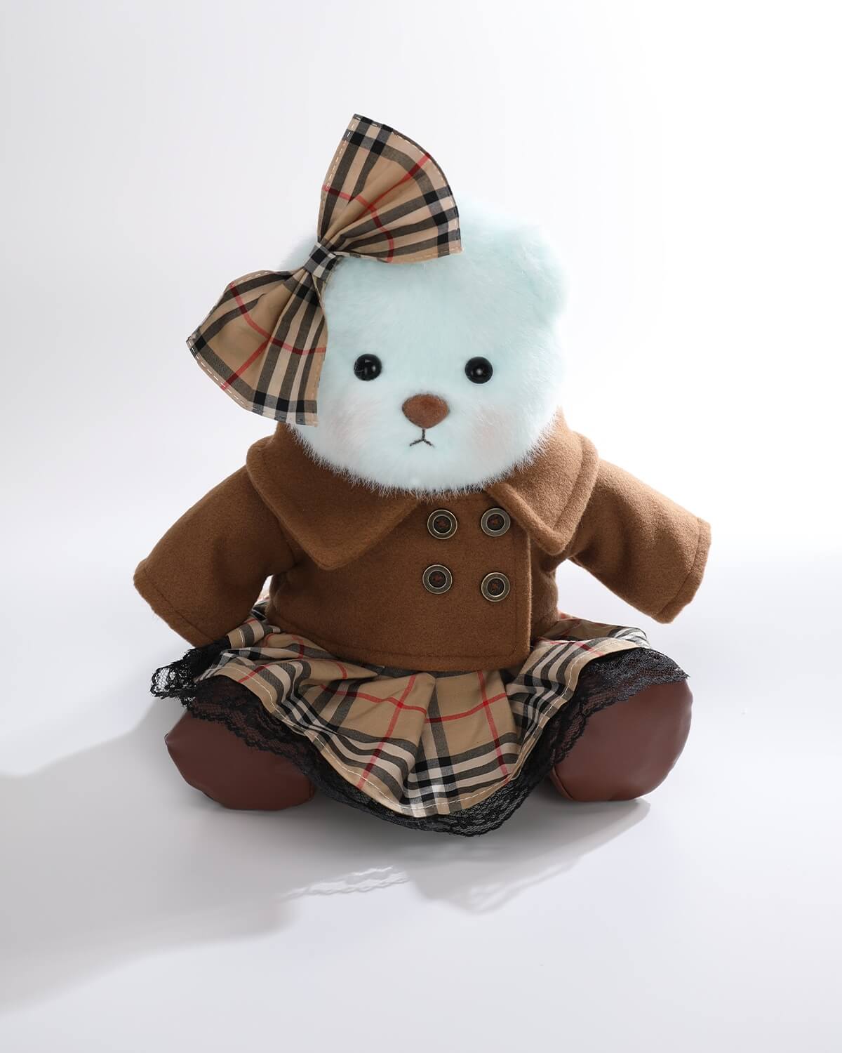 Mint Blue Long Hair Bear & Vintage Brown Coat Set - 12 Inches