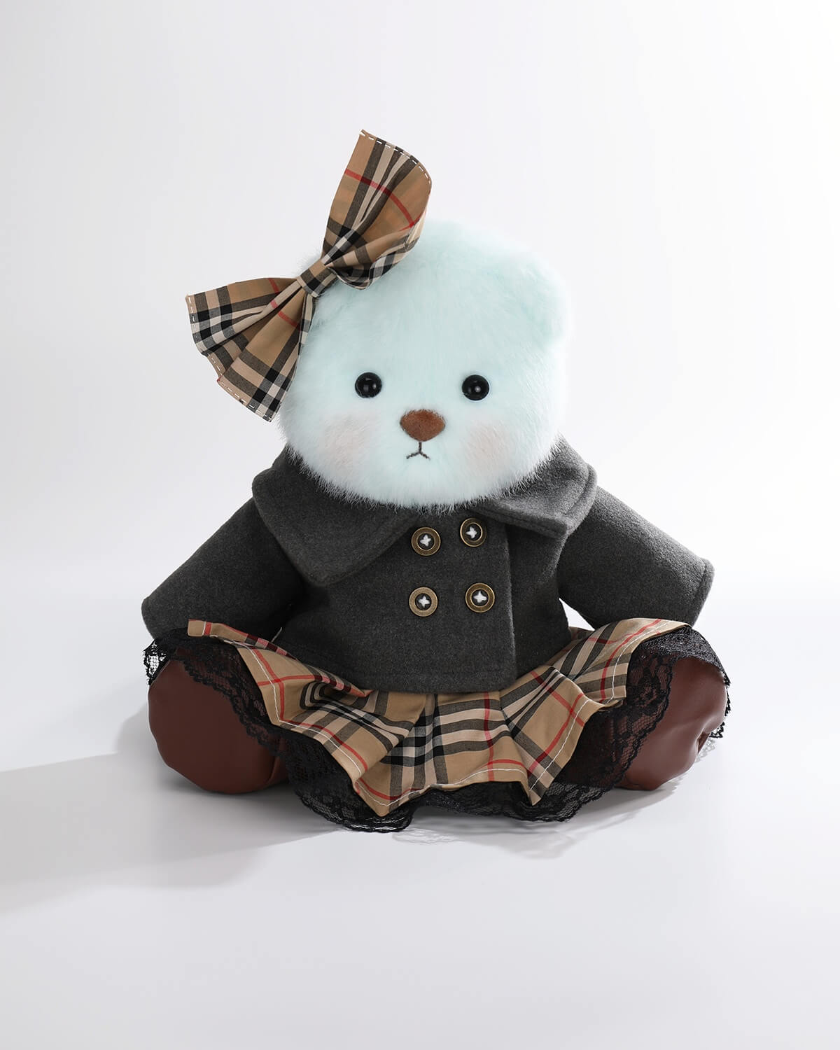 Mint Blue Long Hair Bear & Vintage Gray Coat Set - 12 Inches