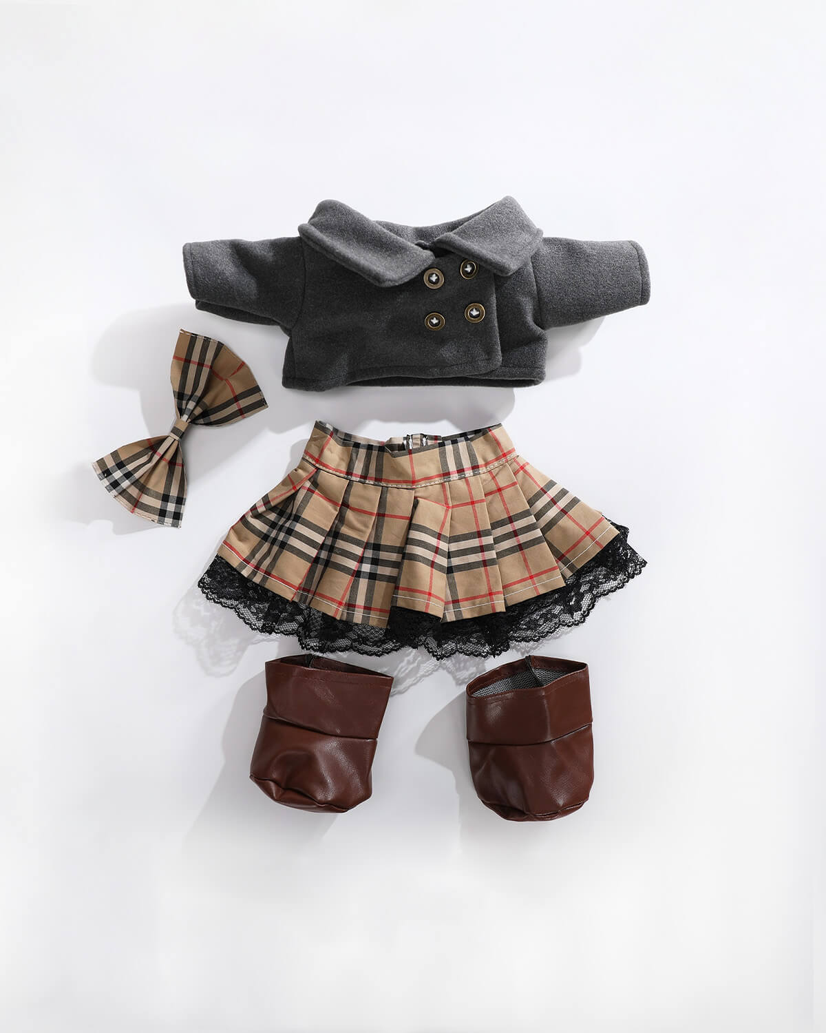 White Short Hair Bear & Vintage Gray Coat Set - 12 Inches