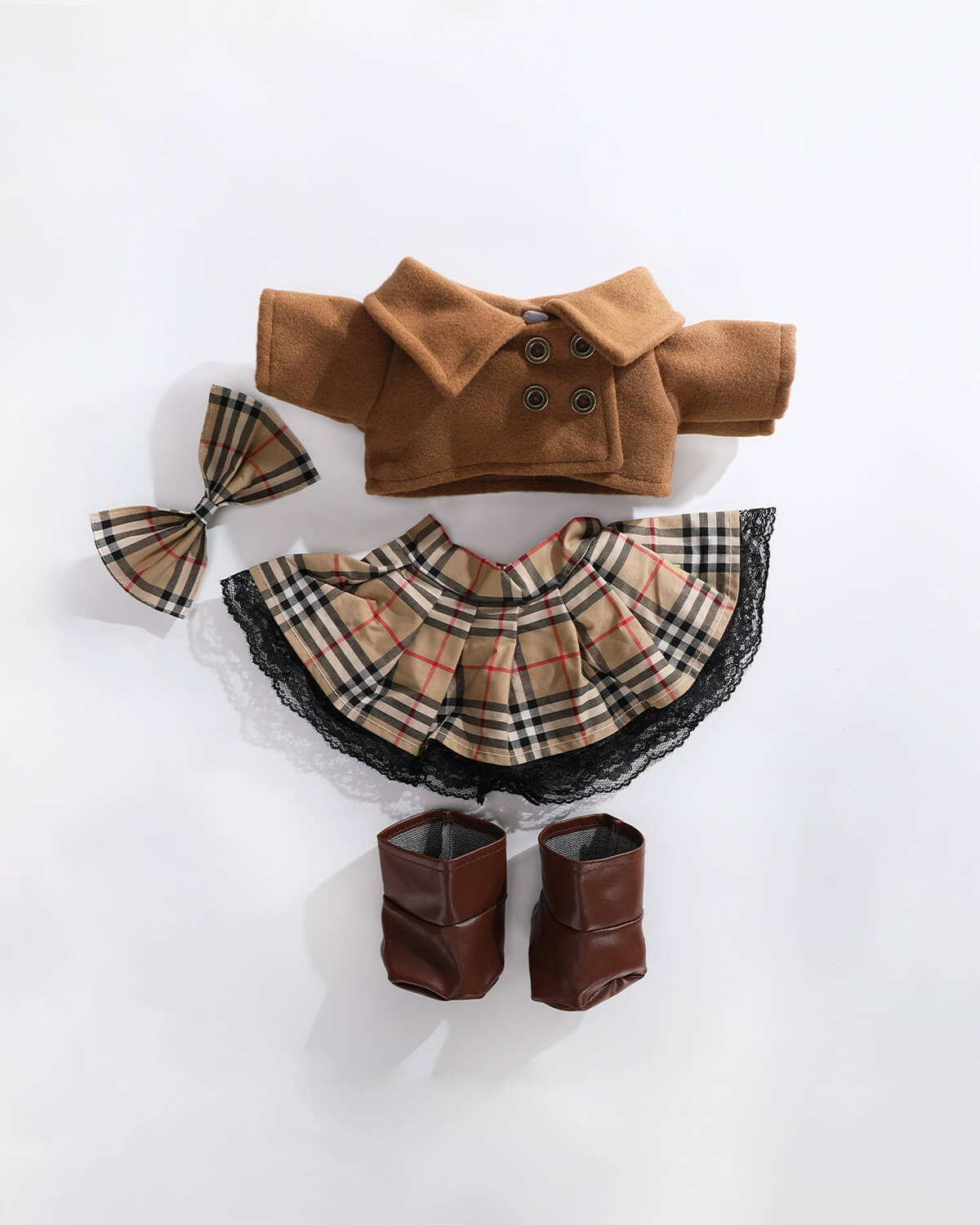 White Long Hair Bear & Vintage Brown Coat Set - 12 Inches